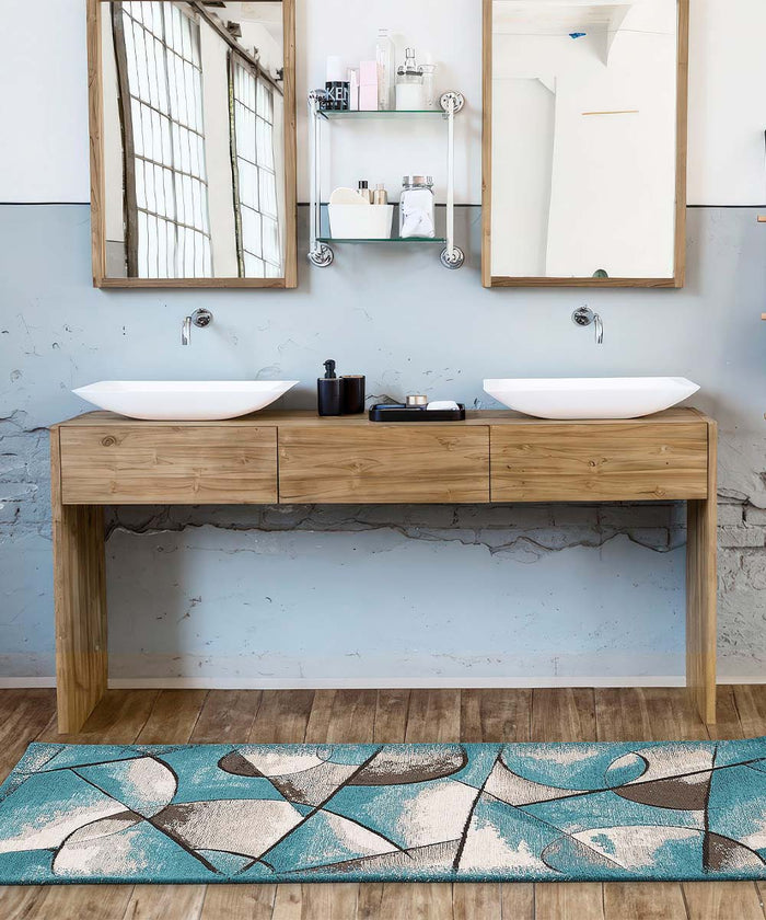 Tappeto moderno UNIVERSO BLU JEANS astratto quadro arte contemporanea, passatoia cucina multiuso lavabile in lavatrice e anti-scivolo cm.55x280