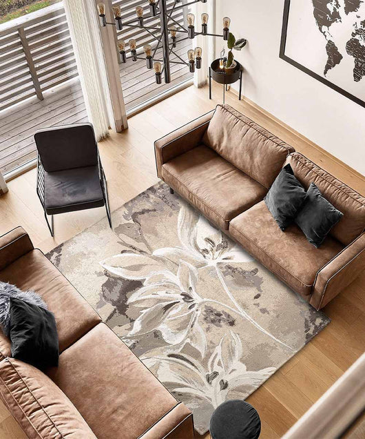 Tappeto Arredo VANILLA TORTORA salotto soggiorno camera, disegno fiori vaniglia motivo floreale, multiuso lavabile antiscivolo cm.115x175