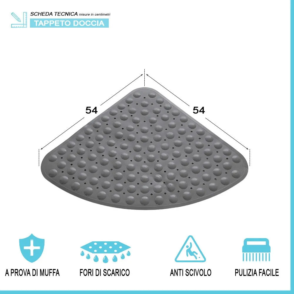 Tappeto doccia antiscivolo angolare in PVC grigio 54x54 cm