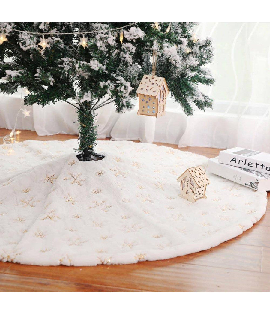 Tappeto Gonna Copertura Base Albero Di Natale 80cm Peluche Fiocchi Di Neve Gold         