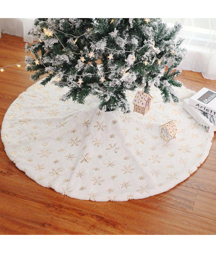 Tappeto Gonna Copertura Base Albero Di Natale 80cm Peluche Fiocchi Di Neve Gold         