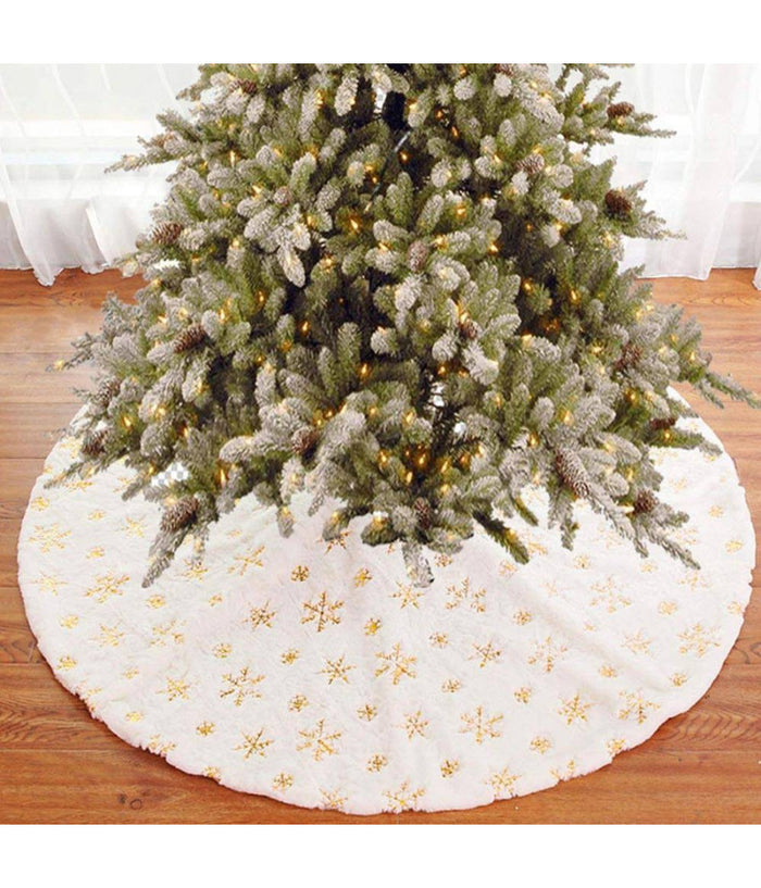 Tappeto Gonna Copertura Base Albero Di Natale 80cm Peluche Fiocchi Di Neve Gold         