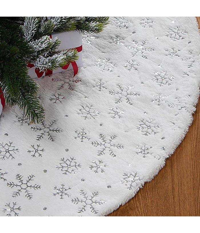 Tappeto Gonna Copertura Base Albero Di Natale 80cm Peluche Fiocco Di Neve Silver         