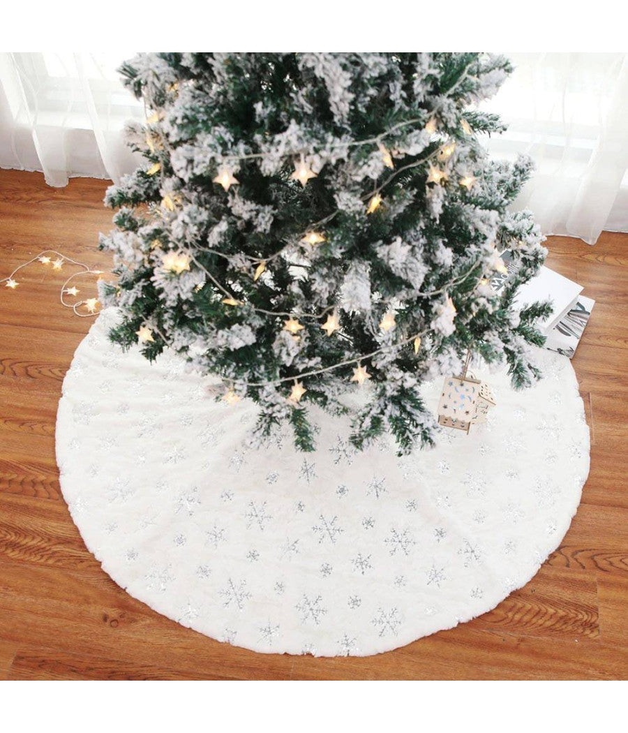 Tappeto Gonna Copertura Base Albero Di Natale 80cm Peluche Fiocco Di Neve Silver         