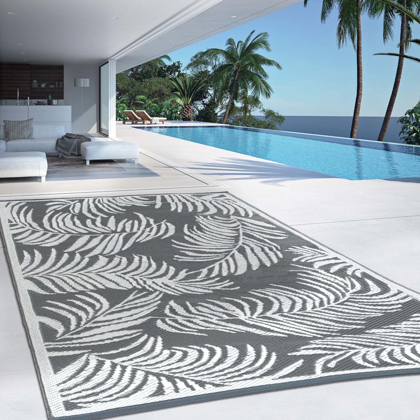 IDMarket - Tappeto per esterni COCO tropical grigio e bianco 160 x 260 CM