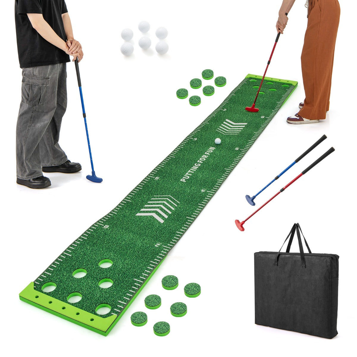 Set gioco golf pong con 2 putter regolabili da golf per allenamento interno, Tappeto da putting green 332 cm Verde-Golf