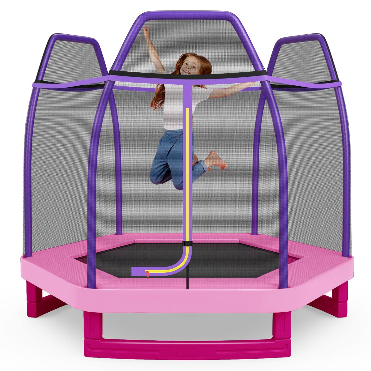 Tappeto elastico 223 cm con rete di sicurezza e cuscinetto a molle, Mini tappeto elastico per bambini Viola-Trampolini