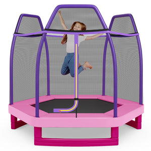 Tappeto elastico 223 cm con rete di sicurezza e cuscinetto a molle, Mini tappeto elastico per bambini Viola-Trampolini