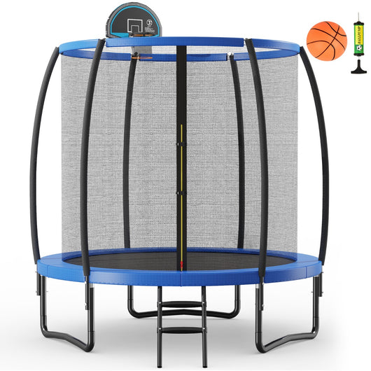 Tappeto elastico con anello da basket rete cuscinetto di sicurezza scaletta con 2 gradini, Trampolino da 244cm-Trampolini