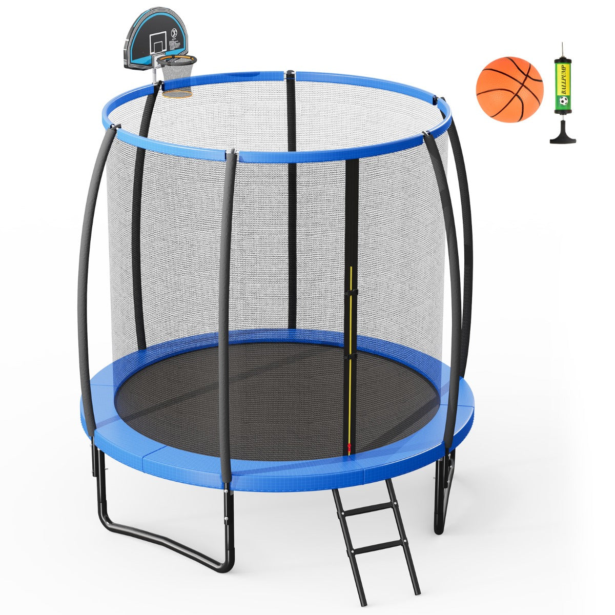 Tappeto elastico con anello da basket rete cuscinetto di sicurezza scaletta con 2 gradini, Trampolino da 244cm-Trampolini