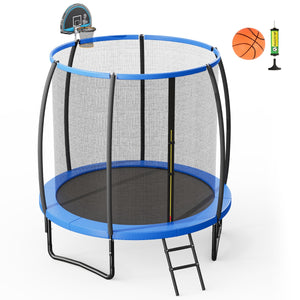 Tappeto elastico con anello da basket rete cuscinetto di sicurezza scaletta con 2 gradini, Trampolino da 244cm-Trampolini