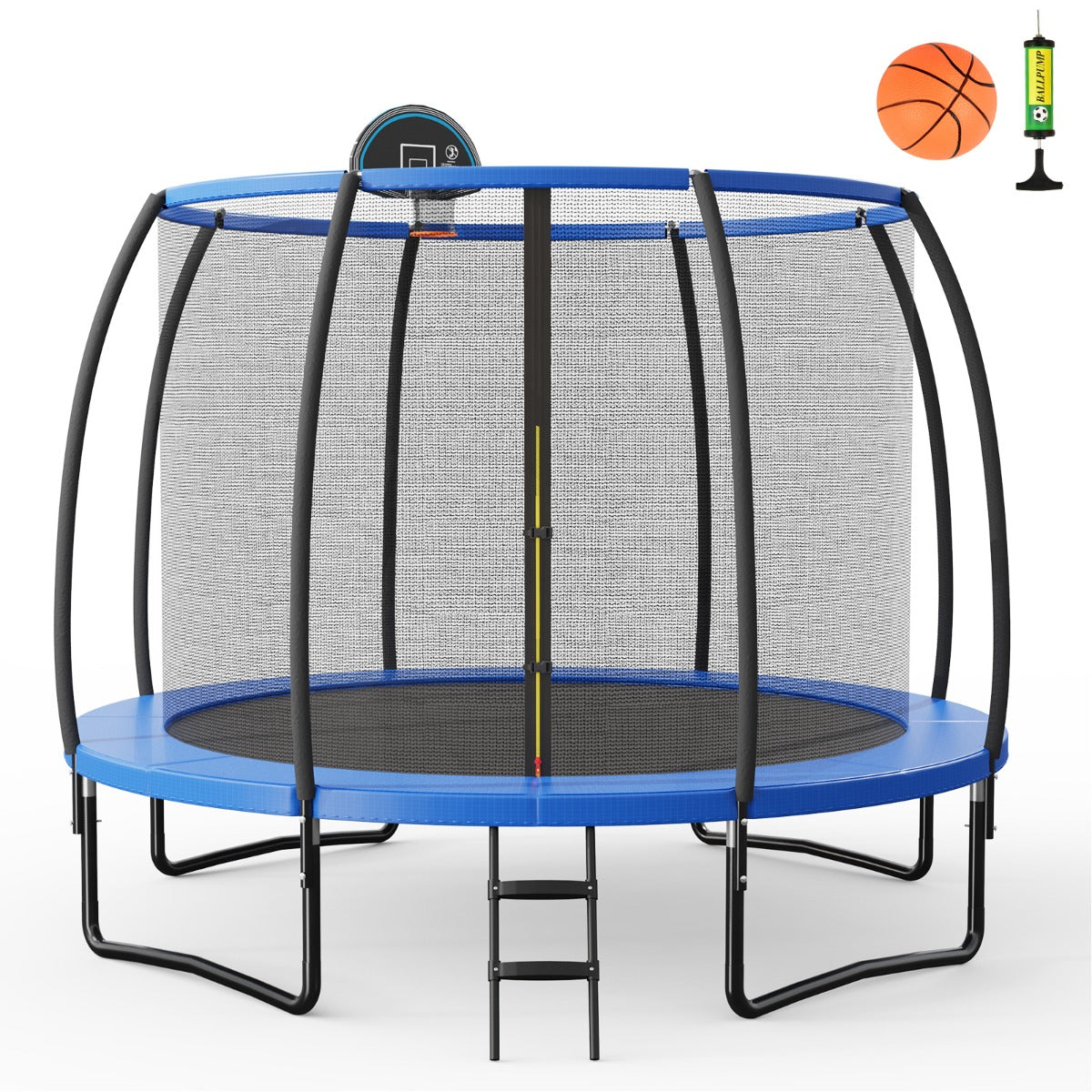 Tappeto elastico con anello da basket rete cuscinetto di sicurezza scaletta con 2 gradini, Trampolino da 305cm-Trampolini