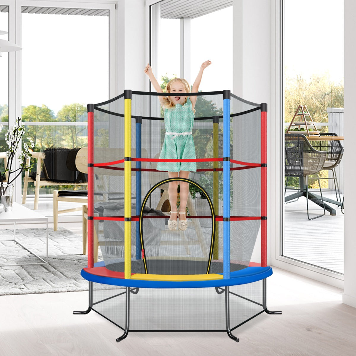 Tappeto elastico per bambini con rete di sicurezza in acciaio resistente, Tappeto elastico con struttura Colorato-Trampolini