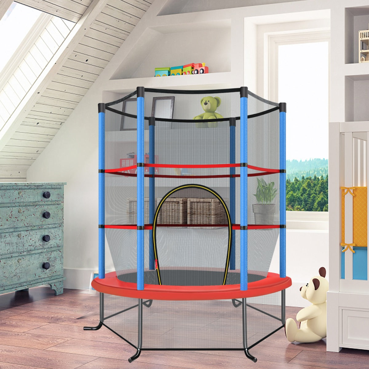 Tappeto elastico per bambini con rete di sicurezza, Tappeto elastico con struttura in acciaio resistente Blu-Trampolini