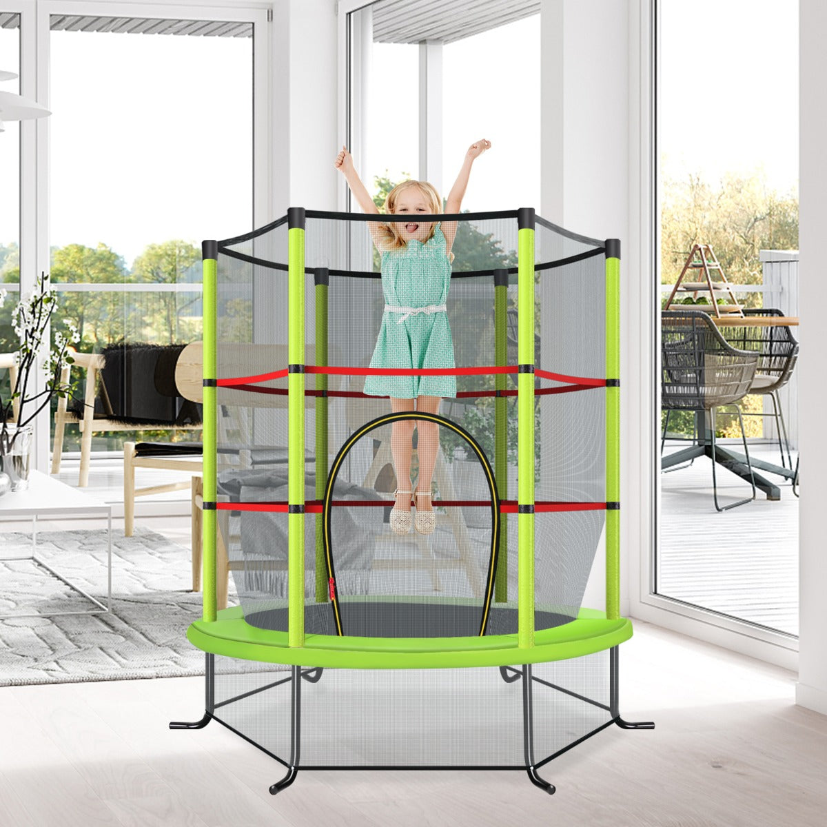 Tappeto elastico per bambini con rete di sicurezza in acciaio resistente, Tappeto elastico con struttura Verde-Trampolini