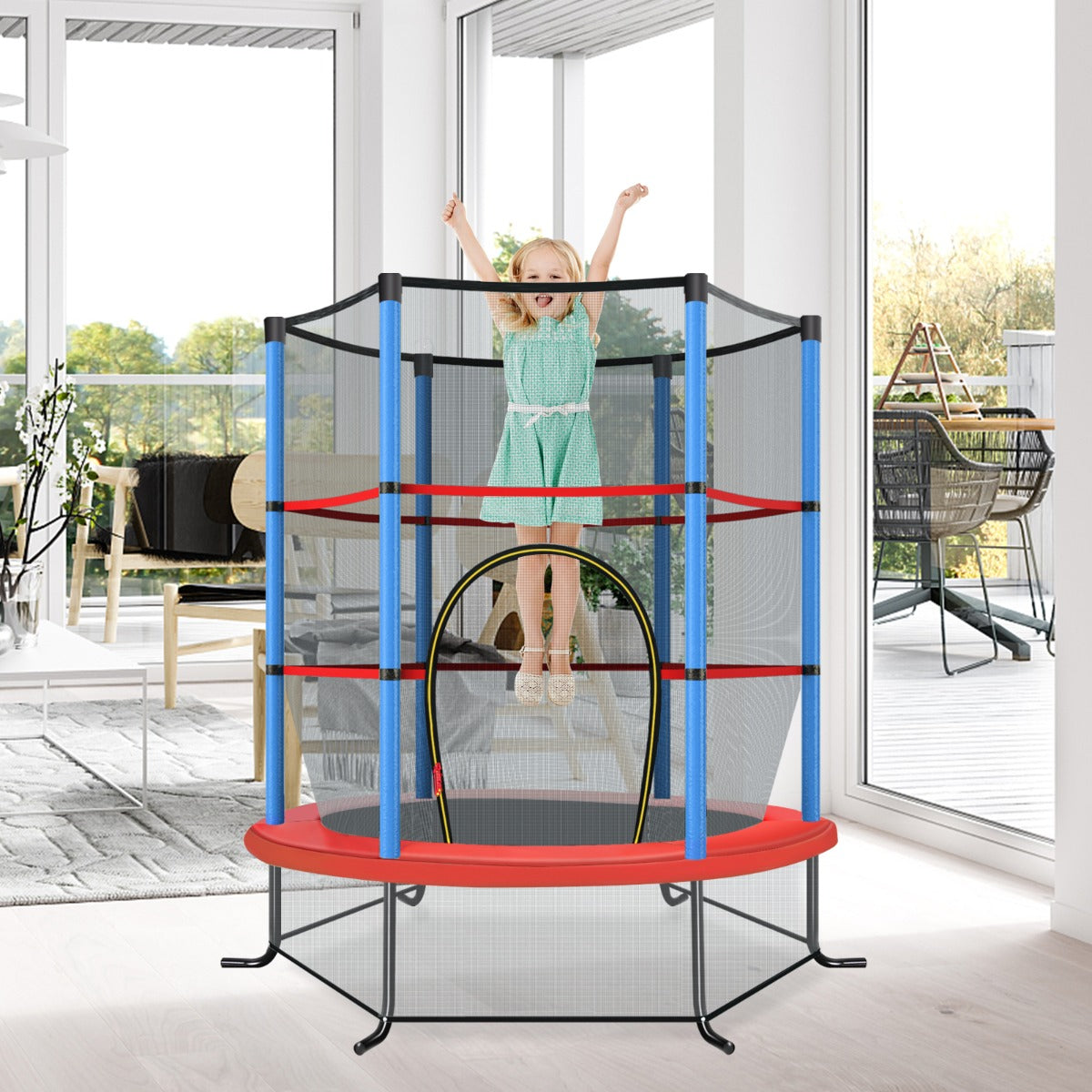 Tappeto elastico per bambini con rete di sicurezza in acciaio resistente, Tappeto elastico con struttura Blu-Trampolini