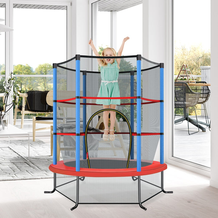 Tappeto elastico per bambini con rete di sicurezza in acciaio resistente, Tappeto elastico con struttura Blu-Trampolini