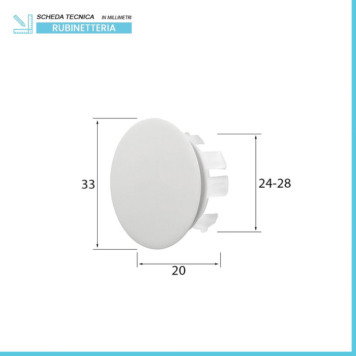 Tappo copriforo bianco opaco troppo pieno lavabi e bidet da 24 o 28 mm