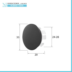 Tappo copriforo nero opaco troppo pieno lavabi e bidet da 24 o 28 mm