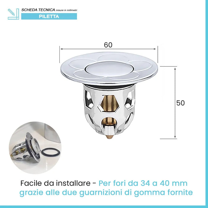 Tappo lavandino clic clac per fori da 34 a 40 mm con 2 guarnizioni