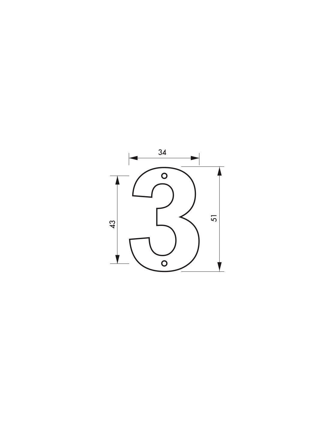 Targa numero civico 3 altezza 51mm, in ottone massiccio, da avvitare - THIRARD