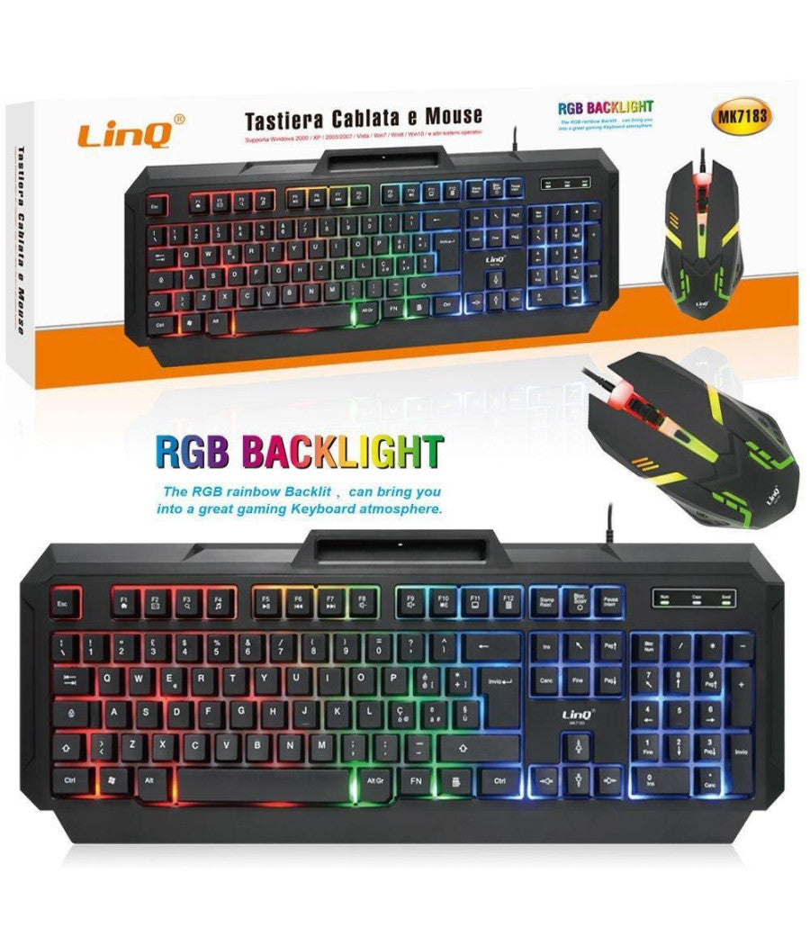 Tastiera Cablata + Mouse Usb Con Filo Retroilluminata Rgb Luce Gaming Pc Mk7183         