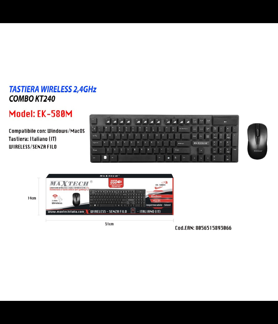 Tastiera Wireless Mouse Wifi Impermeabile 2.4ghz Maxtech Ek-580m Per Computer Pc         