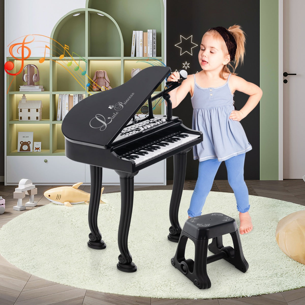 Tastiera a 37 tasti per bambini con sgabello, Pianoforte giocattolo multifunzionale portatile con microfono Nero-Tastiere elettriche