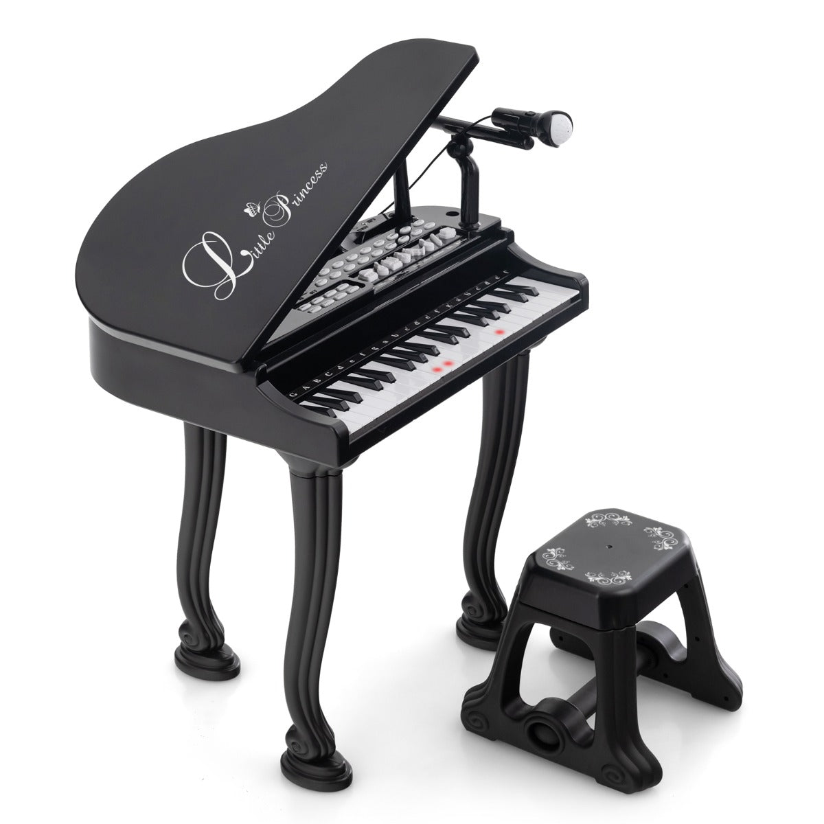 Tastiera a 37 tasti per bambini con sgabello, Pianoforte giocattolo multifunzionale portatile con microfono Nero-Tastiere elettriche
