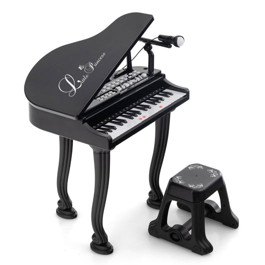 Tastiera a 37 tasti per bambini con sgabello, Pianoforte giocattolo multifunzionale portatile con microfono Nero-Tastiere elettriche
