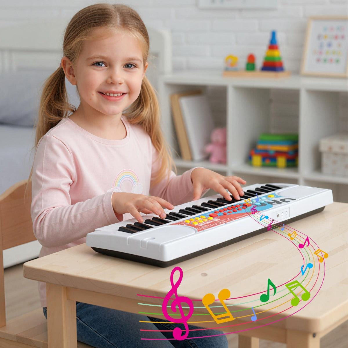 Tastiera pianoforte per bambini elettrica portatile a 49 tasti, Tastiera strumento musicale elettronico educativo Bianco-Tastiere elettriche
