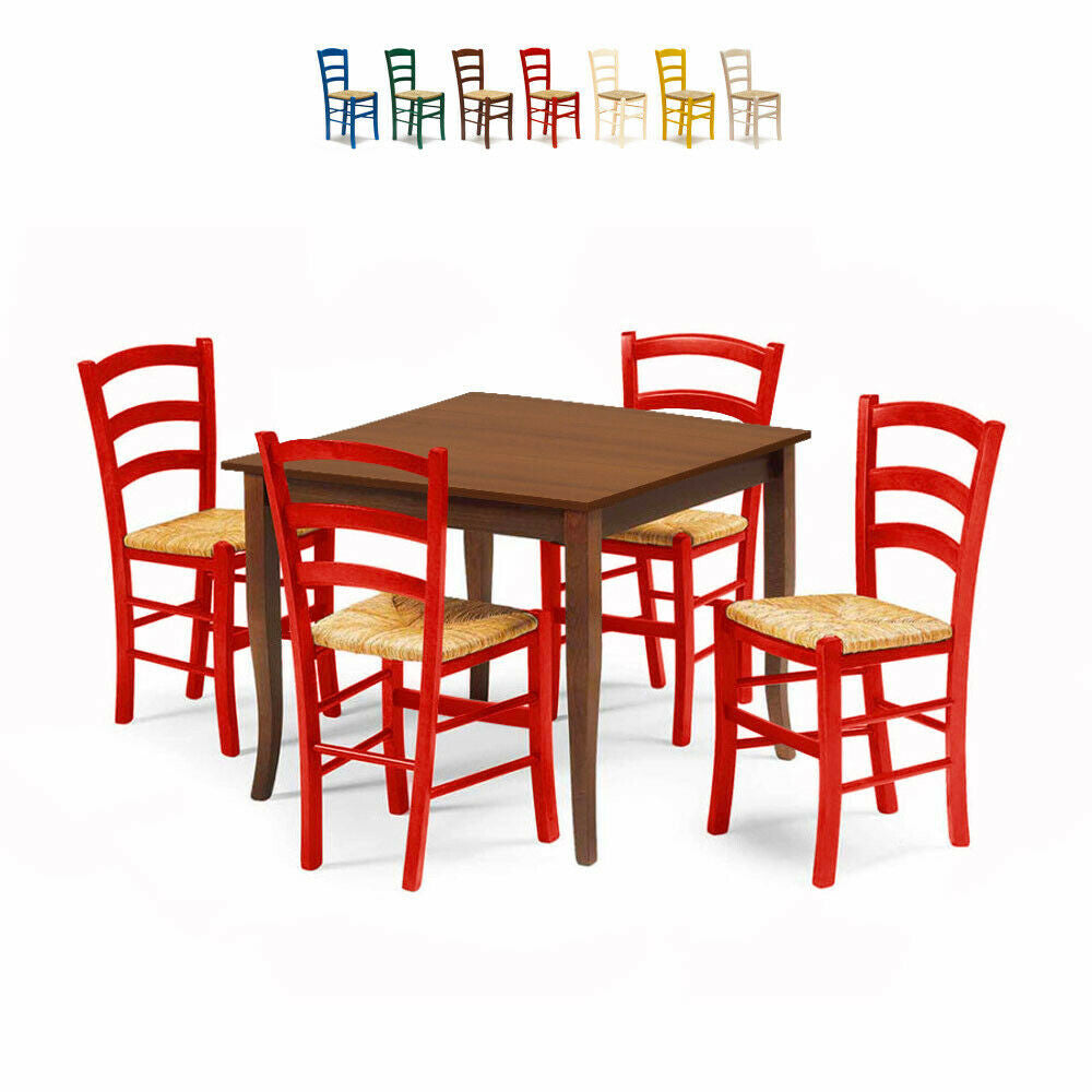 Set tavolo legno 80x80 + 4 sedie legno shabby rosso - Mobili 2G