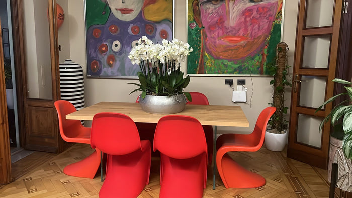 Tavolo fisso in legno rovere impiallacciato 180x90  spessore 4 cm e gambe in vetro (813) - Mobili 2G