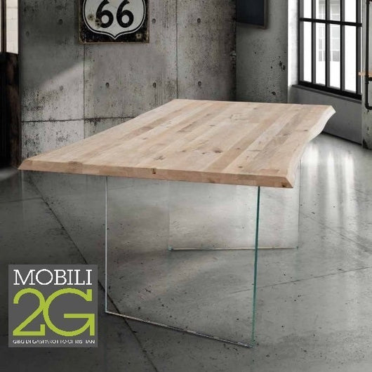 Tavolo fisso in legno rovere massello 180x90  spessore 4 cm e gambe in vetro
