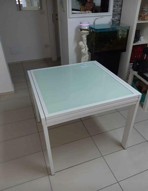Tavolo allungabile vetro bianco base metallo bianco misura 90x90 h.75