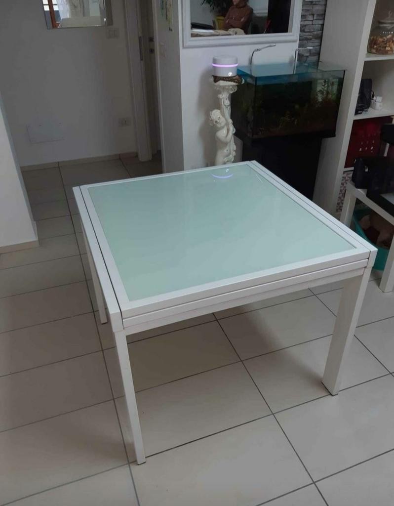 Tavolo allungabile vetro bianco base metallo bianco misura 90x90 h.75