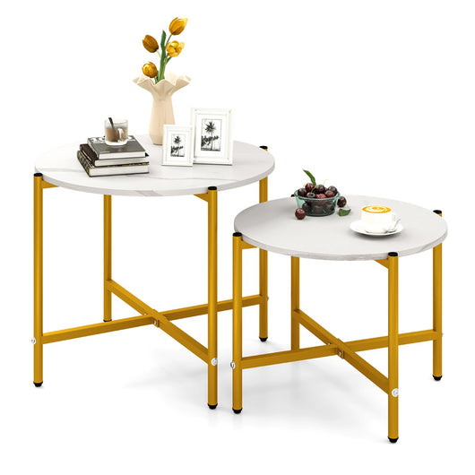 Set di tavolini da caff¨¨ rotondi da 2 pezzi con struttura in metallo robusta, Tavolini impilabili per soggiorno Bianco-Tavolini da salotto