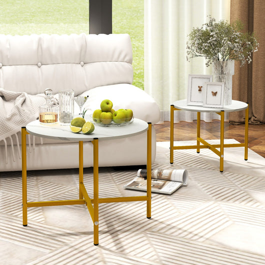 Set di tavolini da caff¨¨ rotondi da 2 pezzi con struttura in metallo robusta, Tavolini impilabili per soggiorno Bianco-Tavolini da salotto