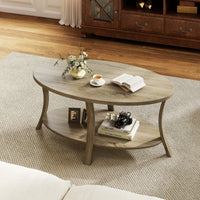Tavolino centrale a 2 livelli con ripiano di stoccaggio in legno di gomma, Tavolino da caff¨¨ ovale per casa e ufficio Naturale-Tavolini da salotto