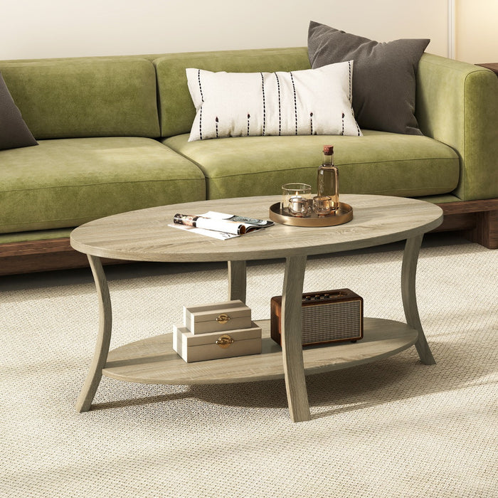 Tavolino centrale a 2 livelli con ripiano di stoccaggio in legno di gomma, Tavolino da caff¨¨ ovale per casa e ufficio Naturale-Tavolini da salotto