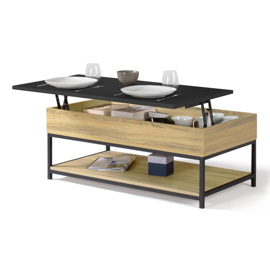 IDMarket - Tavolino BOSTON con piano rettangolare integrale sollevabile e ripiano inferiore dal design industriale