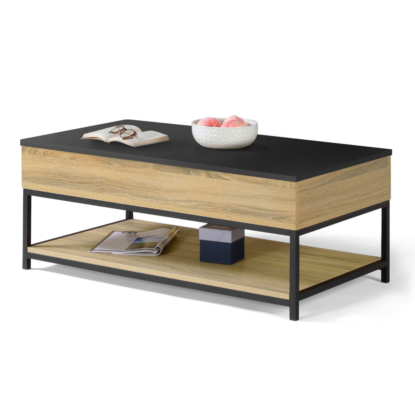 IDMarket - Tavolino BOSTON con piano rettangolare integrale sollevabile e ripiano inferiore dal design industriale