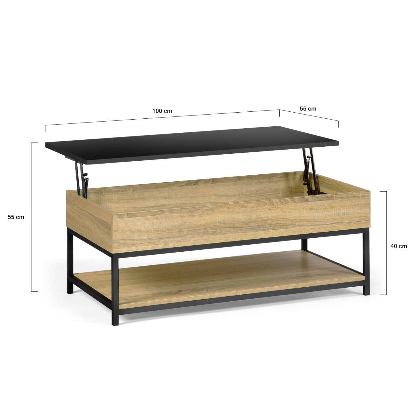 IDMarket - Tavolino BOSTON con piano rettangolare integrale sollevabile e ripiano inferiore dal design industriale