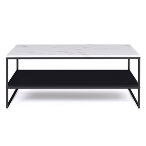 IDMarket - Tavolino con doppio piano, effetto marmo e legno nero, base in metallo ALASKA