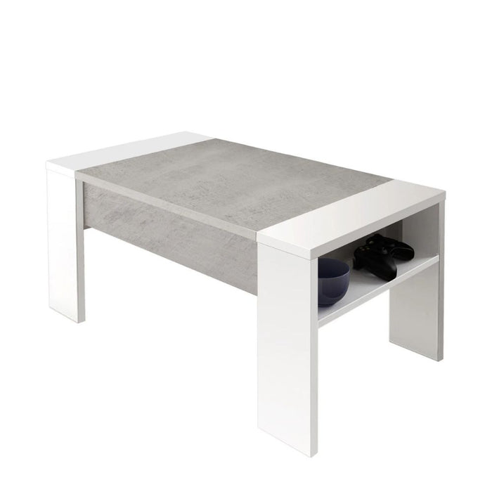 Tavolino contenitore Tinus con piano sollevabile colore cemento e bianco