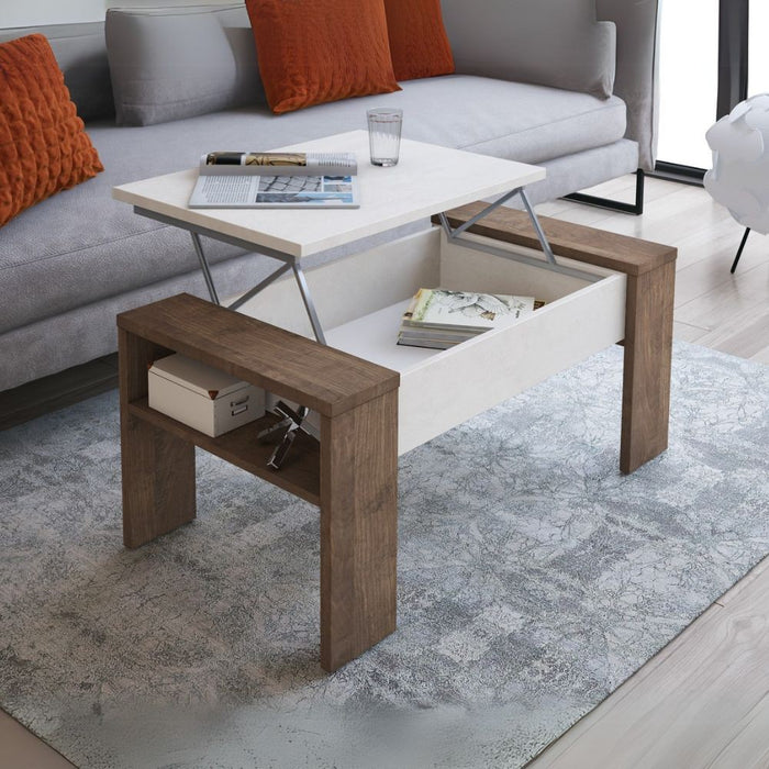 Tavolino contenitore Tinus con piano sollevabile colore noce eastwood e spatolato