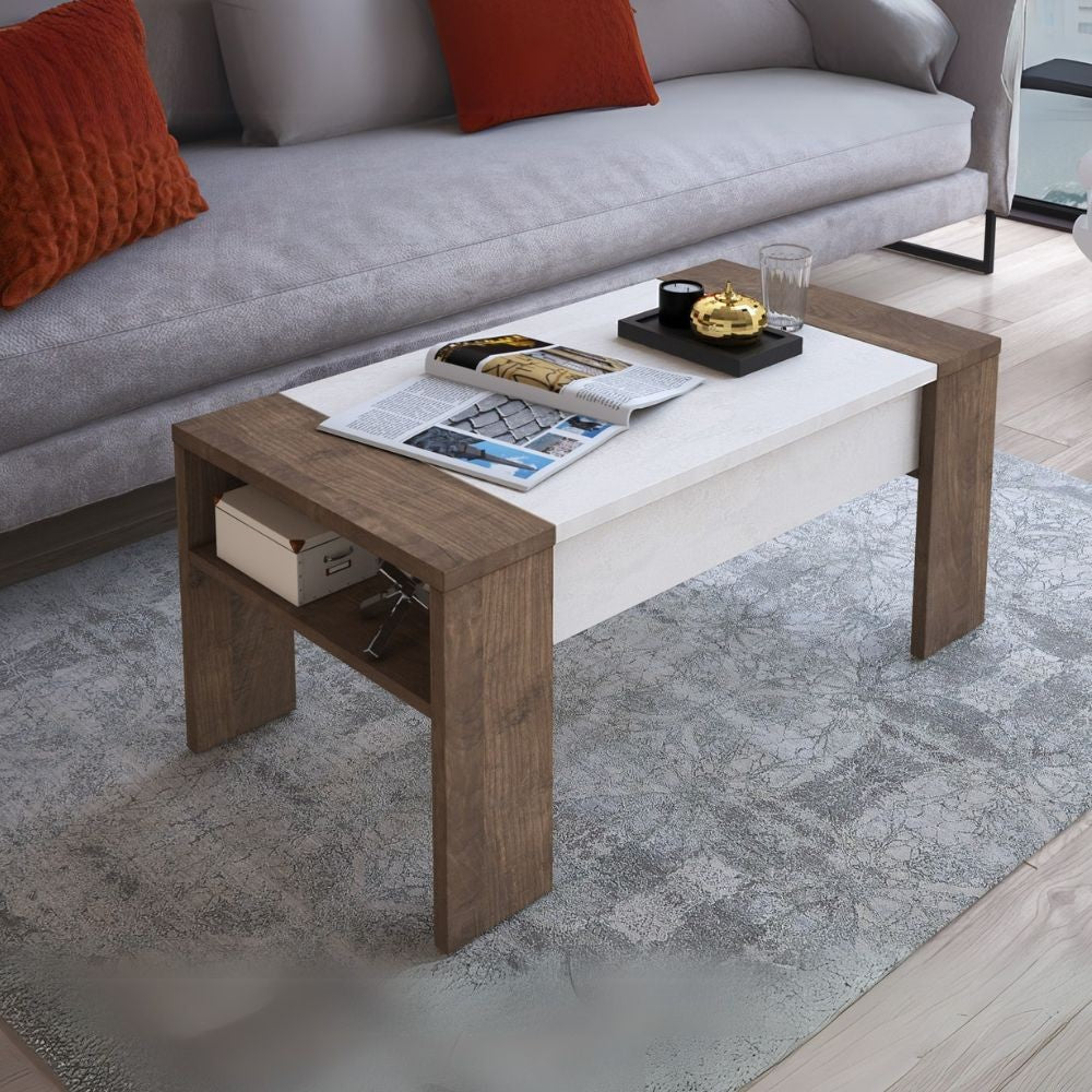 Tavolino contenitore Tinus con piano sollevabile colore noce eastwood e spatolato