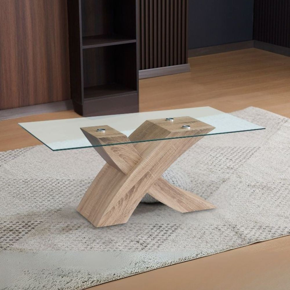 Tavolino da salotto Shiva piano in vetro e base rovere a incrocio 110x60x45H