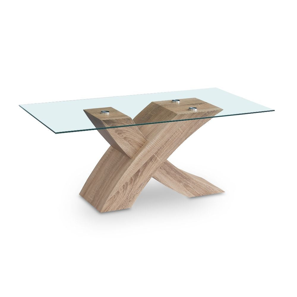 Tavolino da salotto Shiva piano in vetro e base rovere a incrocio 110x60x45H