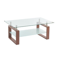 Tavolino da salotto Tally con doppio piano in vetro e gambe effetto legno noce